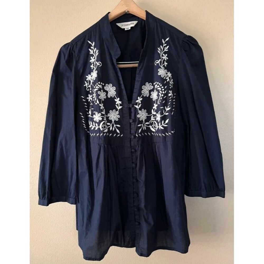 Womens Boho 3/4 Sleeve Navy Top with Embroidery Size Medium